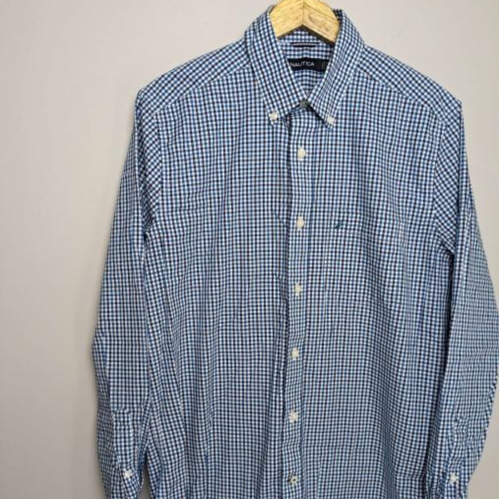 Nautica Men's L Blue and White Check Long Sleeve Shirt